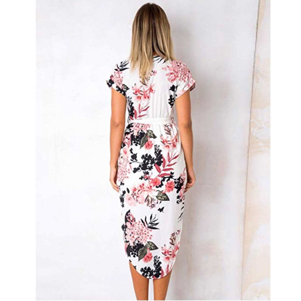 Floral Print V-Neck Belted Side Slits Midi Dress - Picture 3 of 7